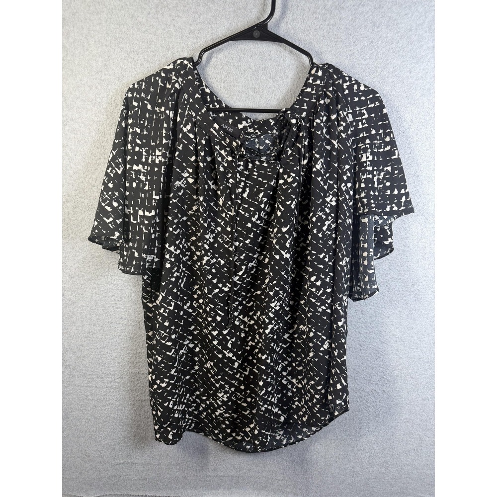 Apt. 9 Blouse Womens Large Black White Geometric Cowl Neck Flutter Sleeve